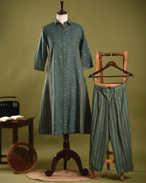 Green Cotton Handloom Woven Ready-To-Wear A Line Co-ord Set With Cullottes