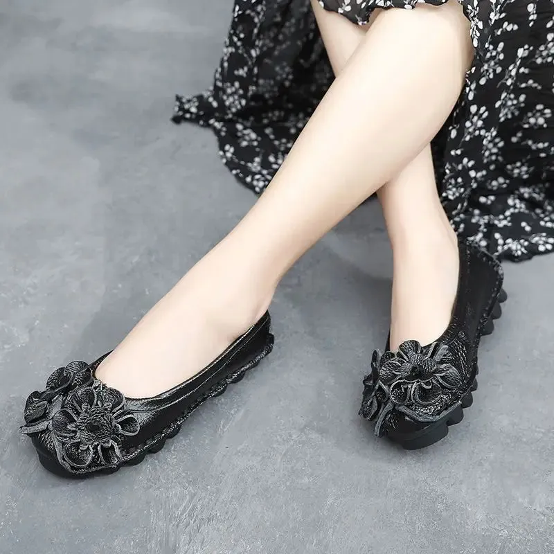 Green Loafers Women's Shoes Shockproof Ladies Ballet Flats Genuine Leather Shoes Woman Soft Moccasin Flat Slip On Walking Shoes