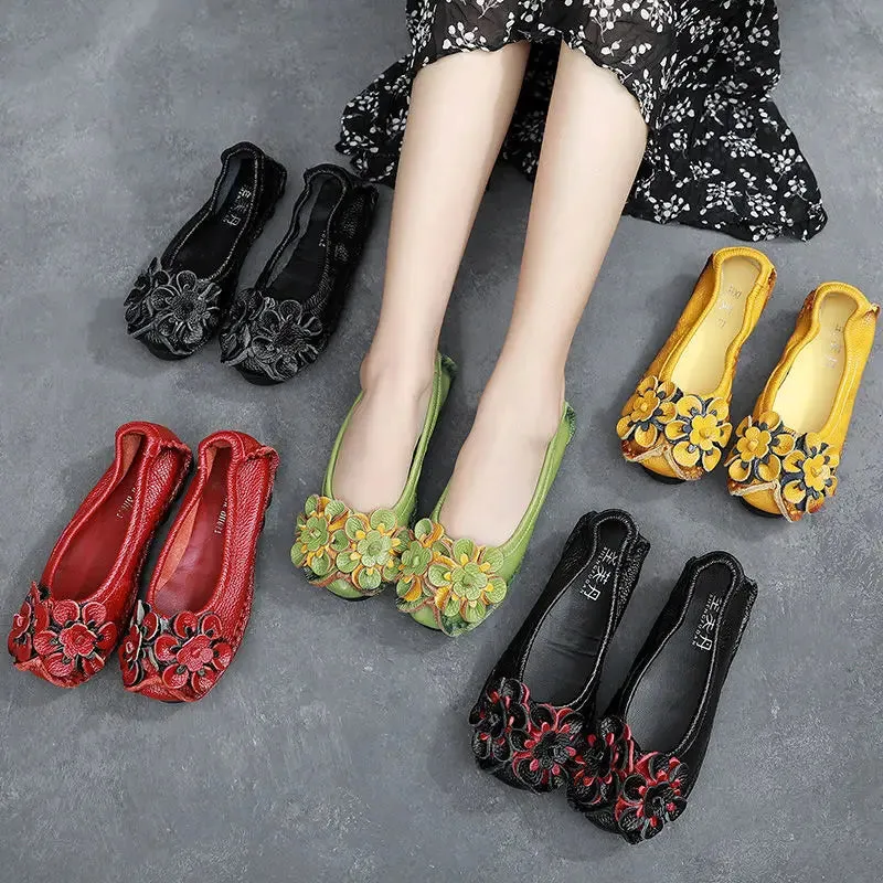 Green Loafers Women's Shoes Shockproof Ladies Ballet Flats Genuine Leather Shoes Woman Soft Moccasin Flat Slip On Walking Shoes