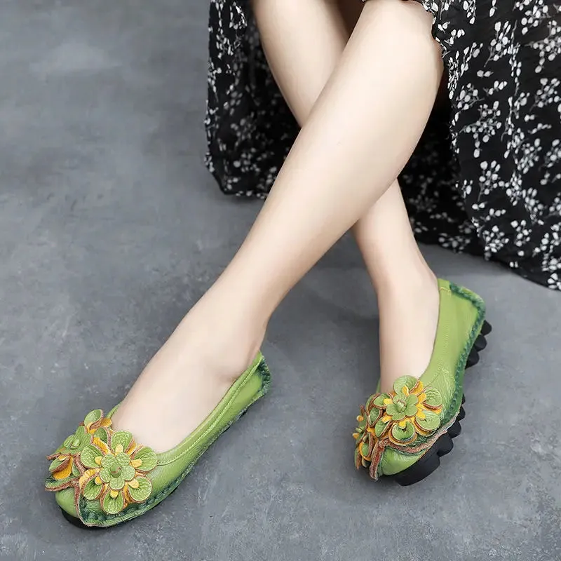 Green Loafers Women's Shoes Shockproof Ladies Ballet Flats Genuine Leather Shoes Woman Soft Moccasin Flat Slip On Walking Shoes
