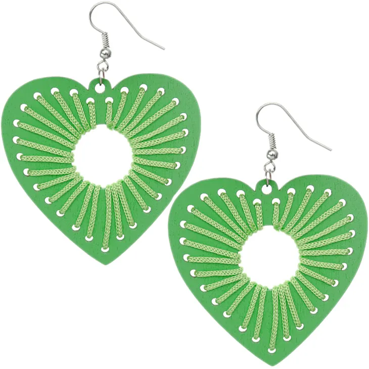 Green Wooden Woven Heart Earrings