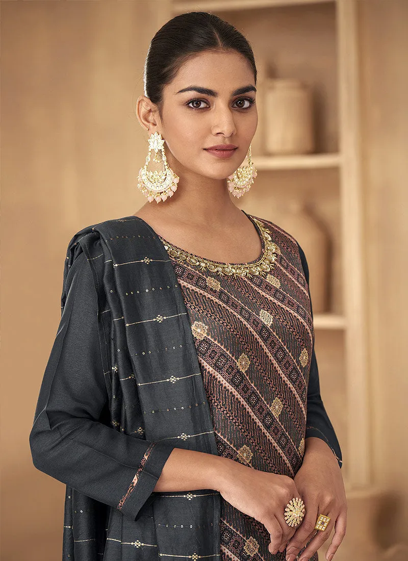 Grey Embroidered Stylish Pant Style Suit