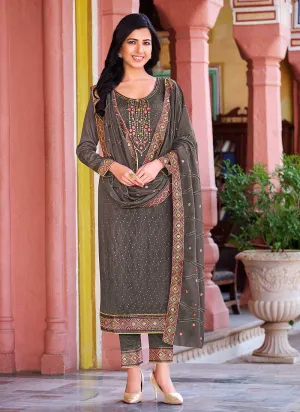 Grey Embroidered Stylish Straight Pant Suit