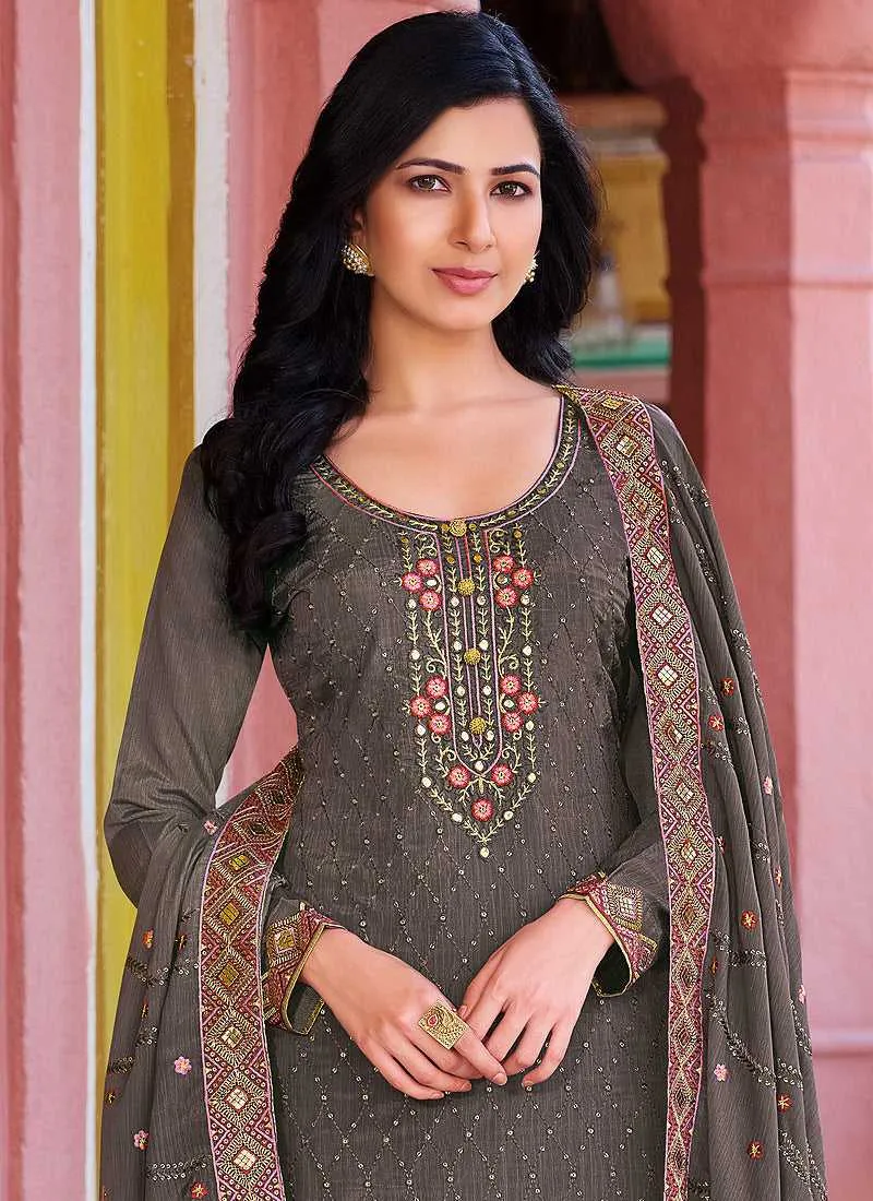 Grey Embroidered Stylish Straight Pant Suit