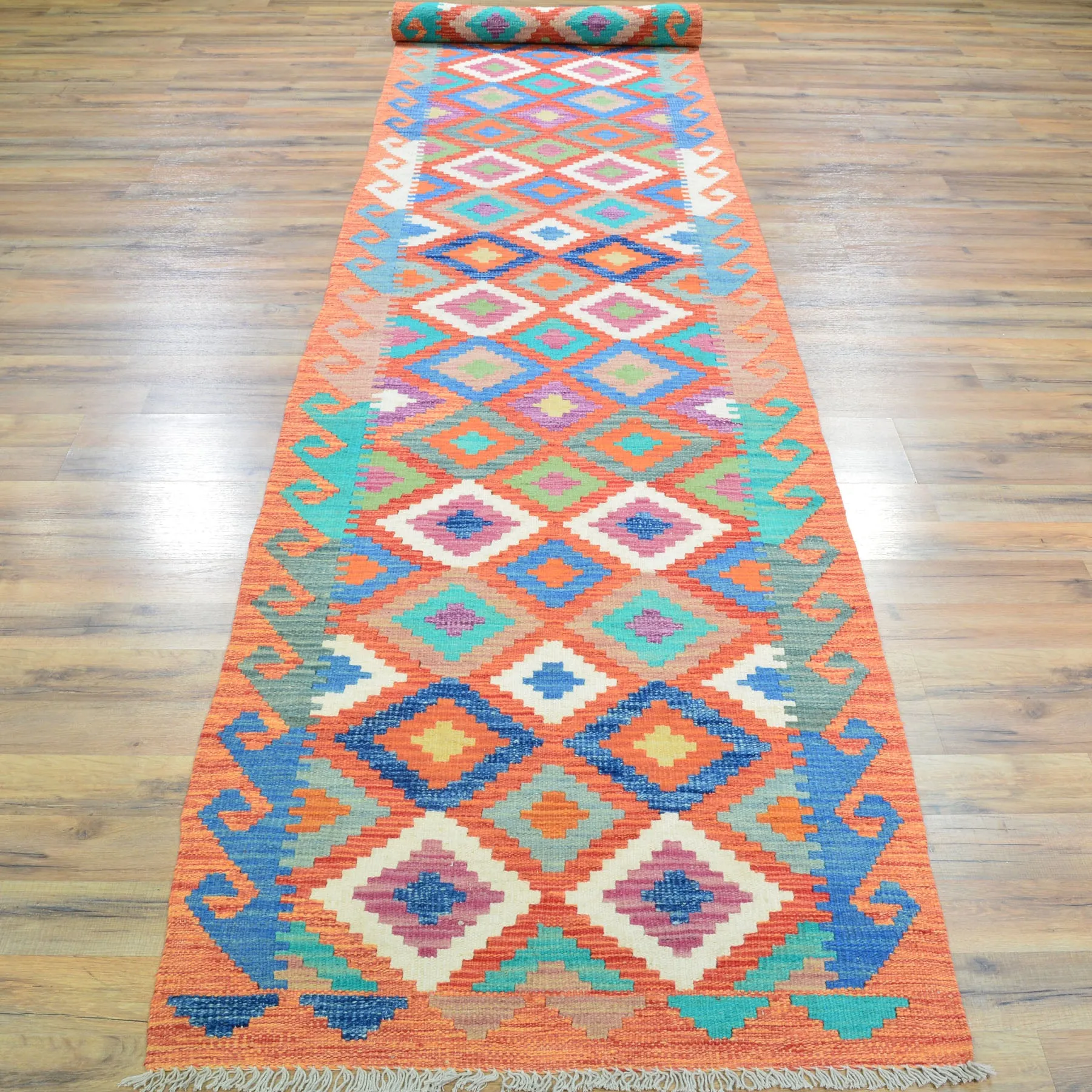 Hand-Woven Flatweave Geometric Design Kilim Handmade 100% Wool (Size 2.9 X 15.9) Cwral-9549