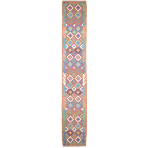 Hand-Woven Flatweave Geometric Design Kilim Handmade 100% Wool (Size 2.9 X 15.9) Cwral-9549