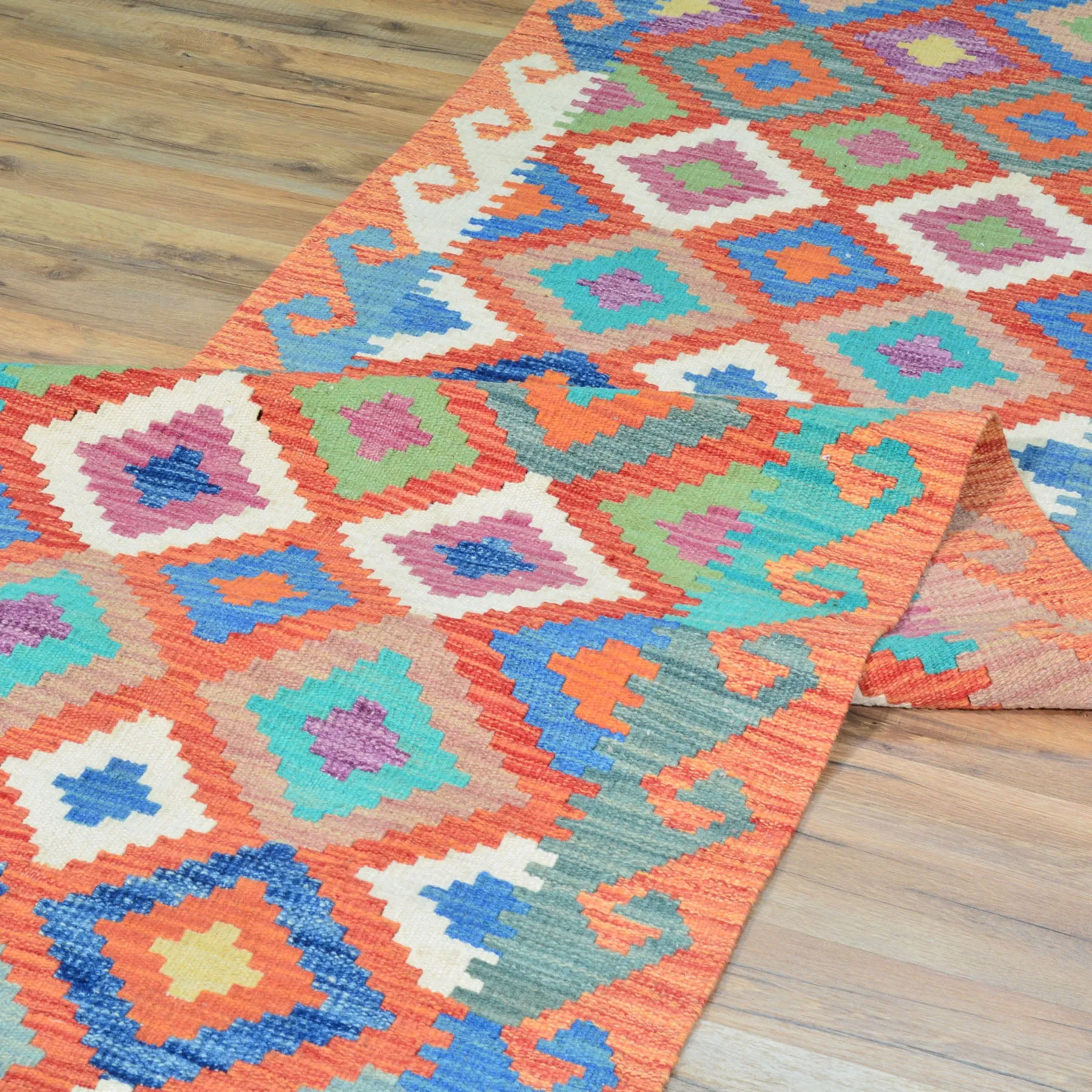 Hand-Woven Flatweave Geometric Design Kilim Handmade 100% Wool (Size 2.9 X 15.9) Cwral-9549