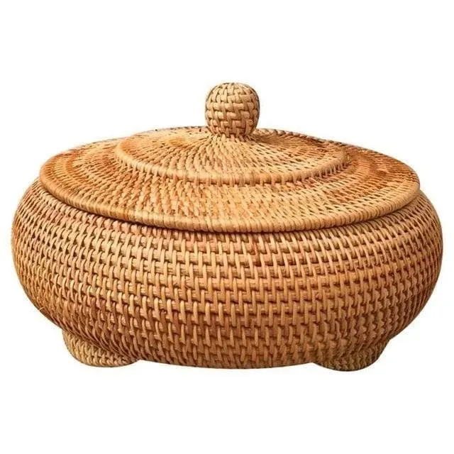 Hand-Woven Round Rattan Storage with Lid