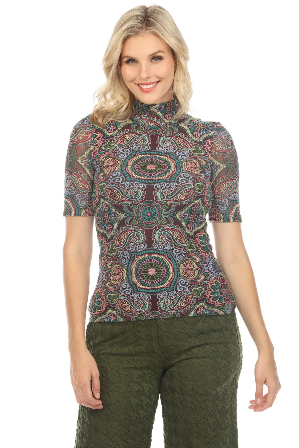 Johnny Was Love Ambrosia Embroidered Mesh Tee Boho Chic L18923