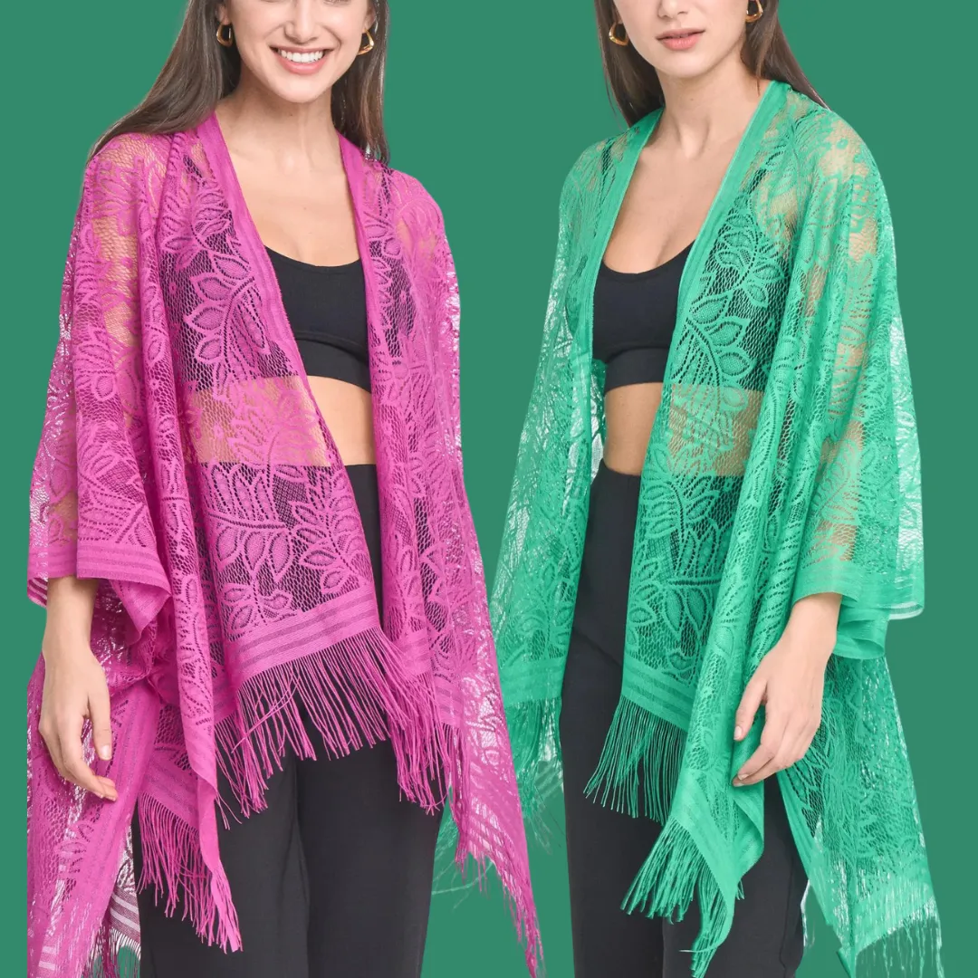Leaf Pattern Lace Kimono - Green