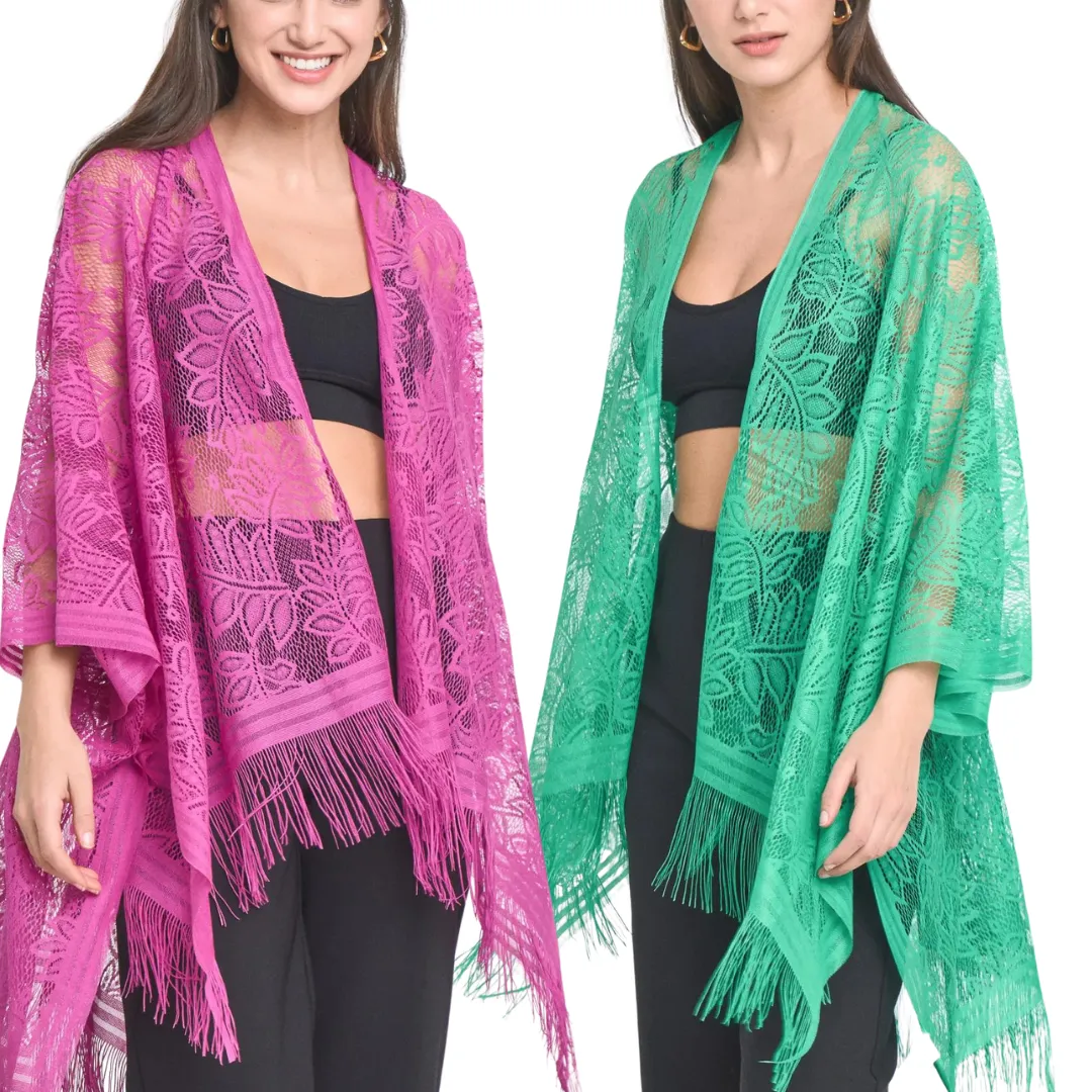 Leaf Pattern Lace Kimono - Green