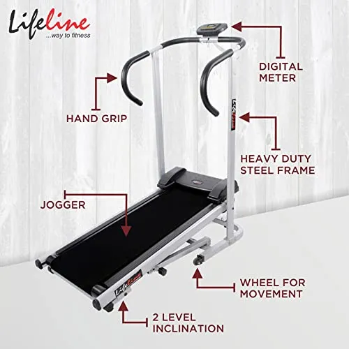 Life Line Fitness LT-201 Foldable Manual Treadmill for Home Gym Exercise with Cardio Weight Loss Gym Workout at Home, 2 Level Inclination (LT-201, Silver, Black)