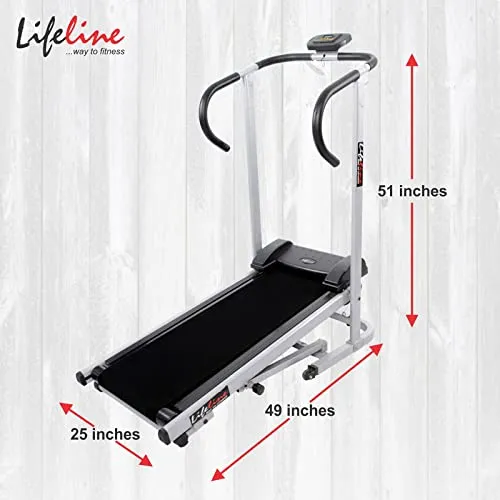 Life Line Fitness LT-201 Foldable Manual Treadmill for Home Gym Exercise with Cardio Weight Loss Gym Workout at Home, 2 Level Inclination (LT-201, Silver, Black)