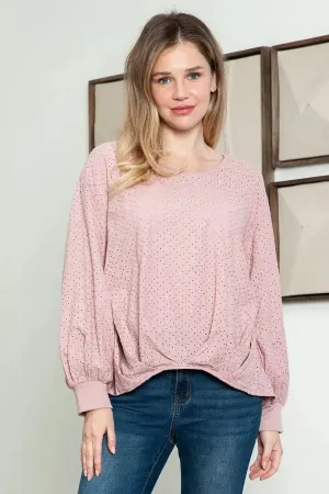 Long Balloon Sleeve Round Neck Embroidered Top