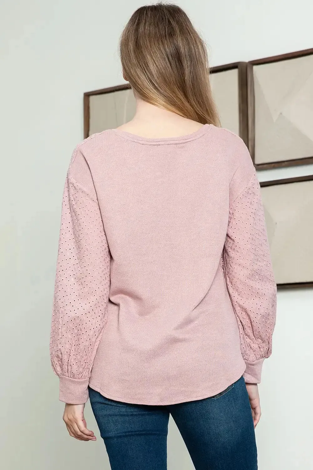 Long Balloon Sleeve Round Neck Embroidered Top
