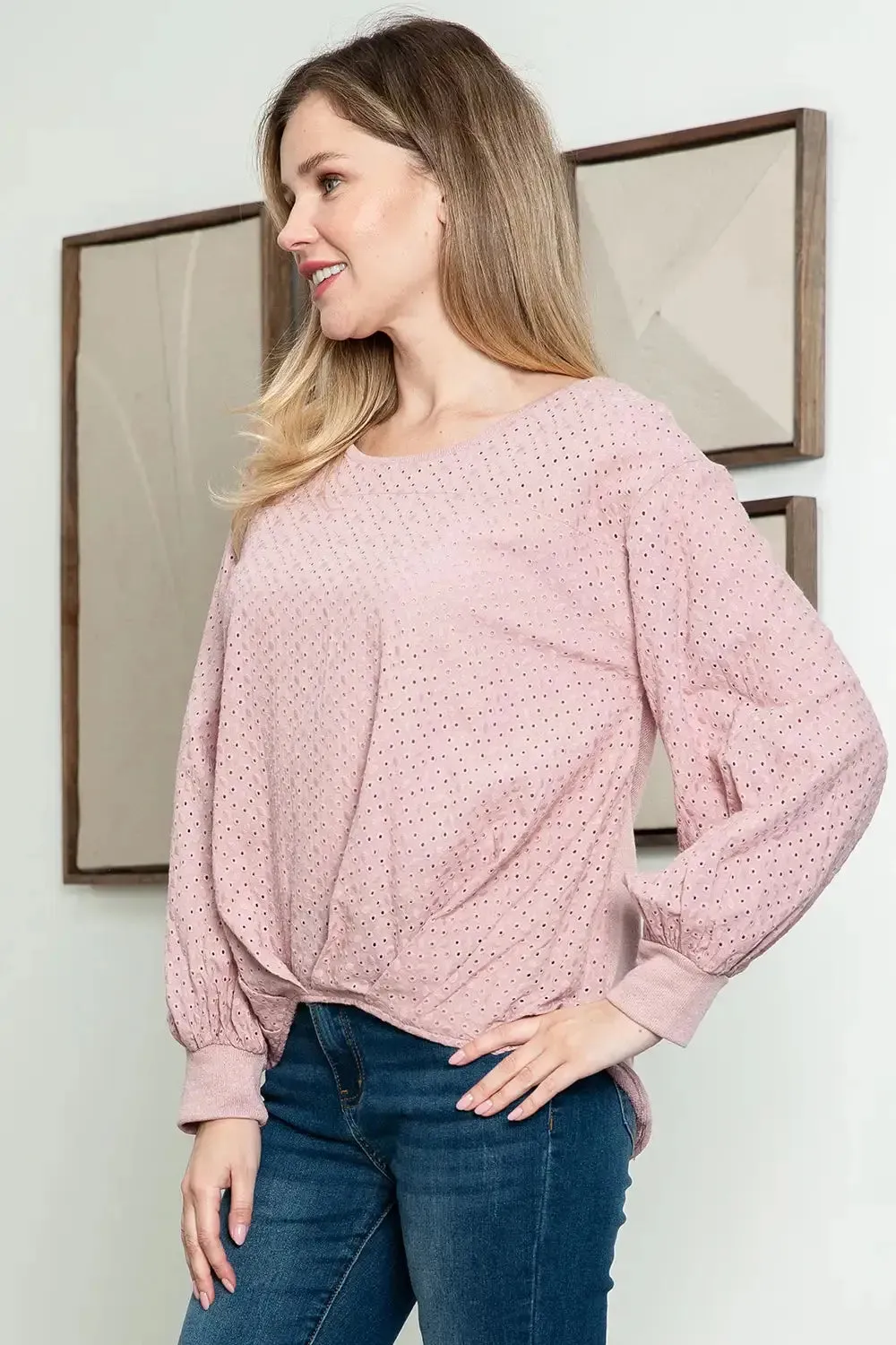 Long Balloon Sleeve Round Neck Embroidered Top