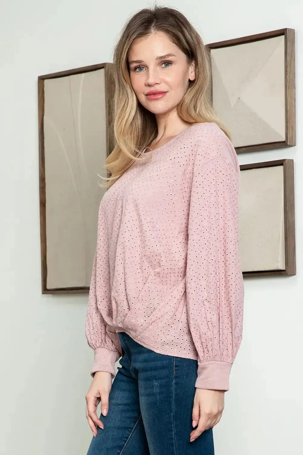 Long Balloon Sleeve Round Neck Embroidered Top