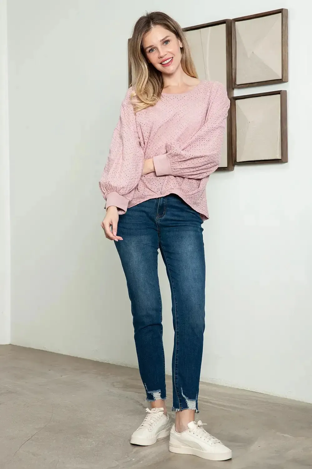 Long Balloon Sleeve Round Neck Embroidered Top