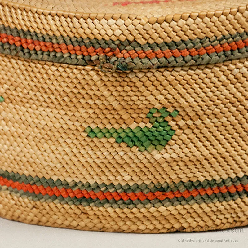 Makah Lidded Basket with woven "1918" and "Ellen"