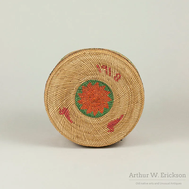 Makah Lidded Basket with woven "1918" and "Ellen"