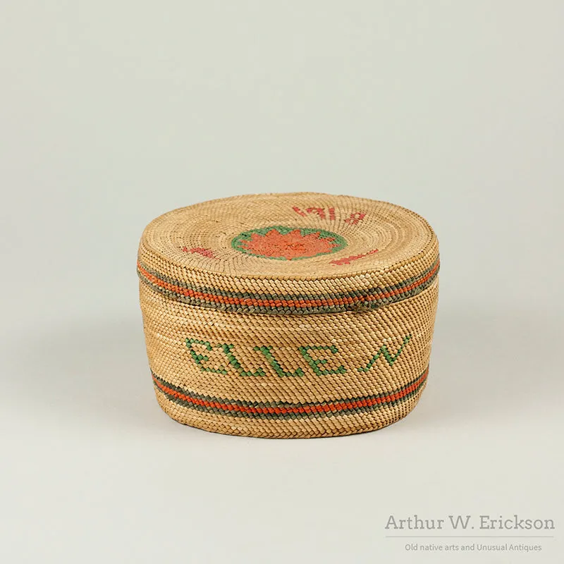 Makah Lidded Basket with woven "1918" and "Ellen"