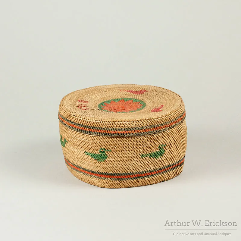 Makah Lidded Basket with woven "1918" and "Ellen"