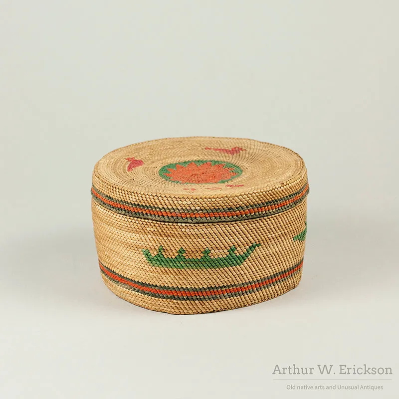 Makah Lidded Basket with woven "1918" and "Ellen"