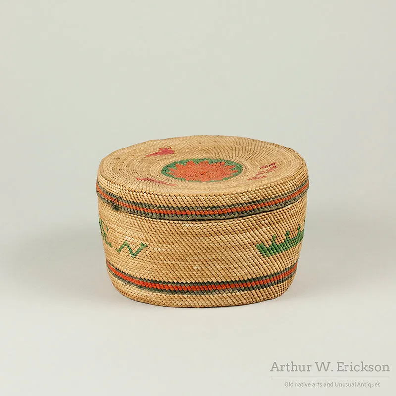 Makah Lidded Basket with woven "1918" and "Ellen"