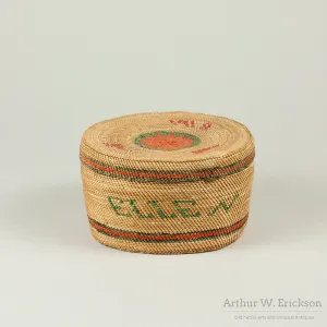 Makah Lidded Basket with woven "1918" and "Ellen"