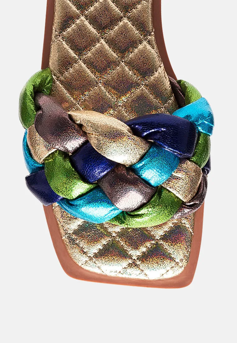 Marcue Patent Pu Quilted Slides In Woven Straps By Ruw