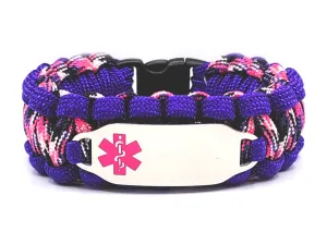 Medical Alert 550 Paracord Bracelet with Custom Engraved Stainless Steel ID tag w/ Pink Medical Symbol