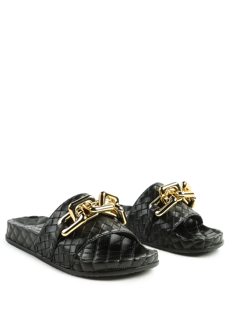 Miami Shot Bling Chain Strap Woven Slip On Flats By Ruw