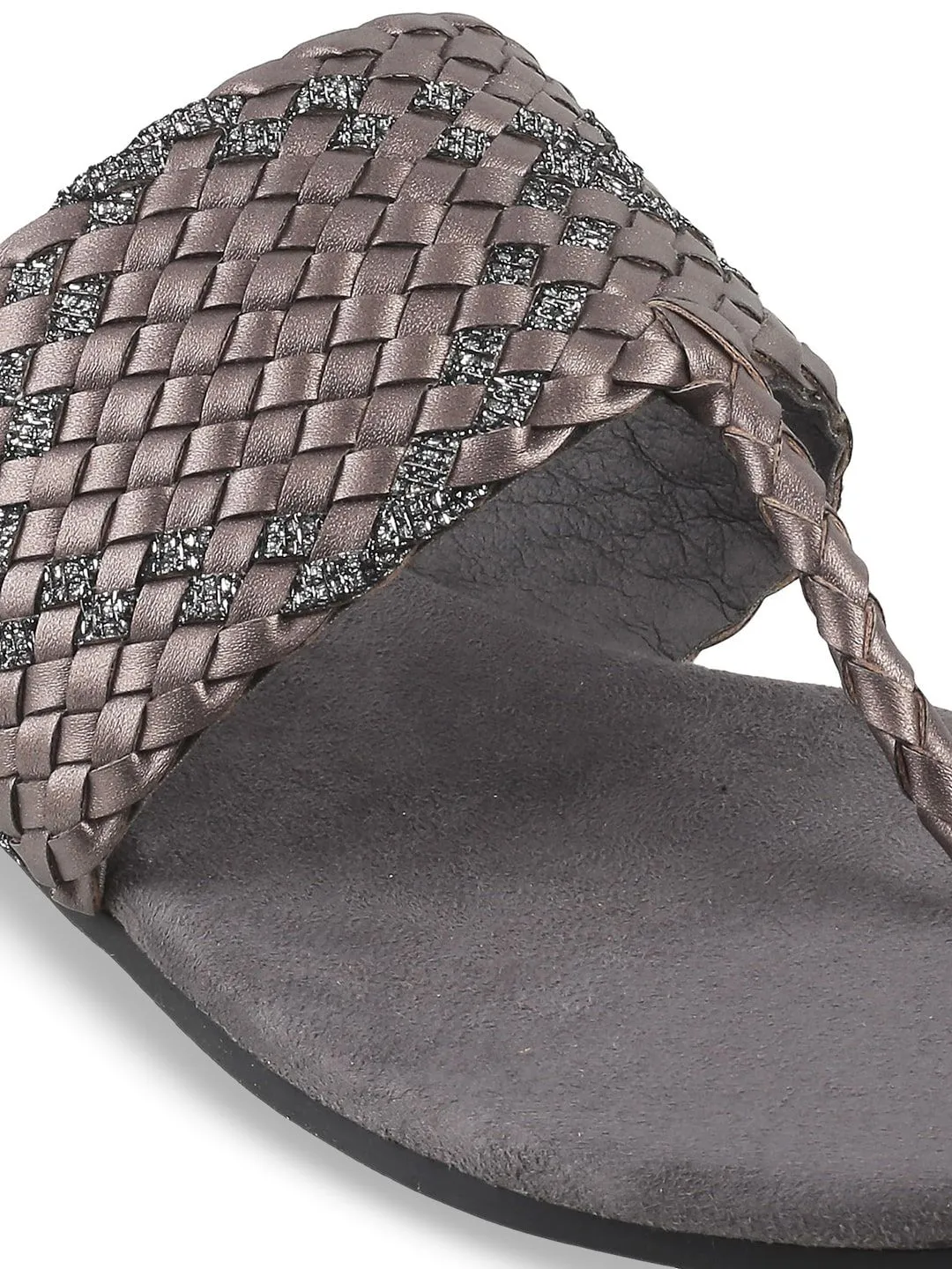 Mochi Women Grey Woven Design T-Strap Flats