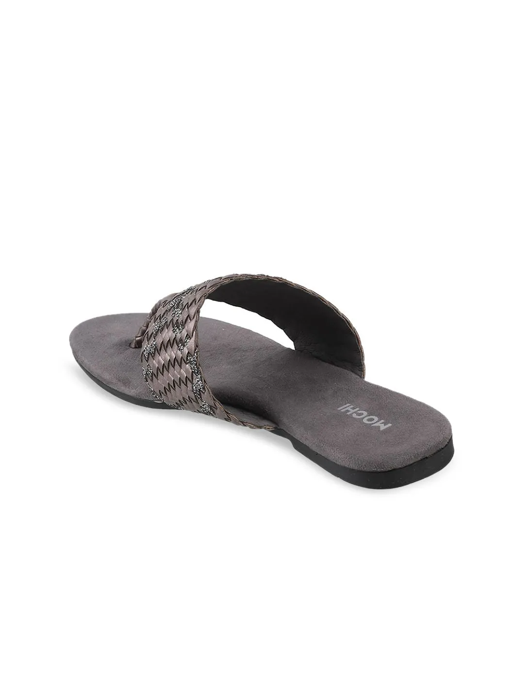 Mochi Women Grey Woven Design T-Strap Flats