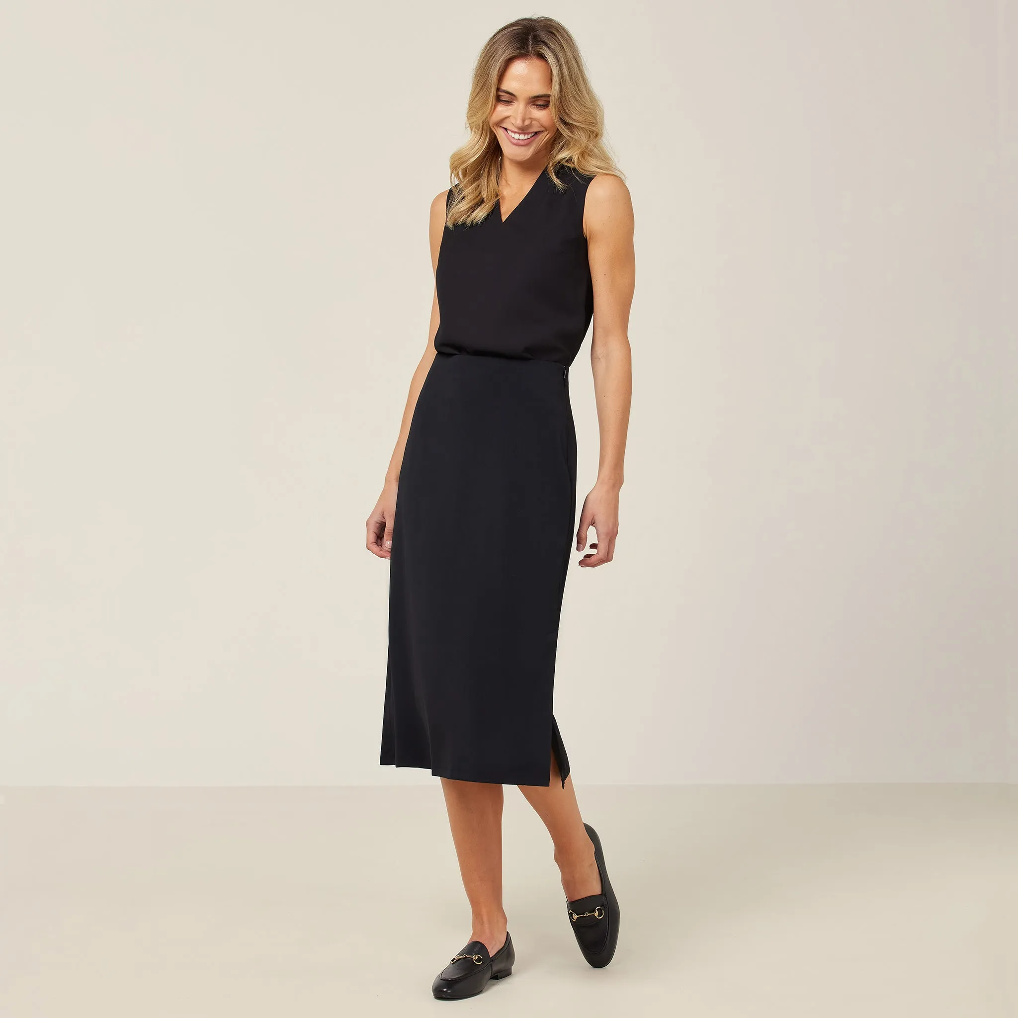NNT Women's Crepe Stretch Midi A-Line Skirt - Black