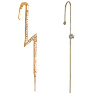 Pack Of 2 Golden Studded Thunderbolt And Stud Ear Cuff