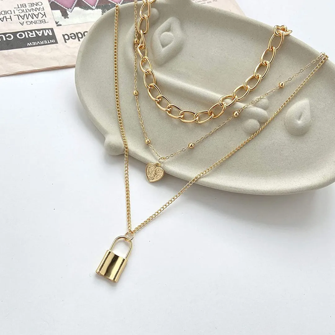 Pack Of 2 Layered Pearl Chain Link Heart Lock Pendant