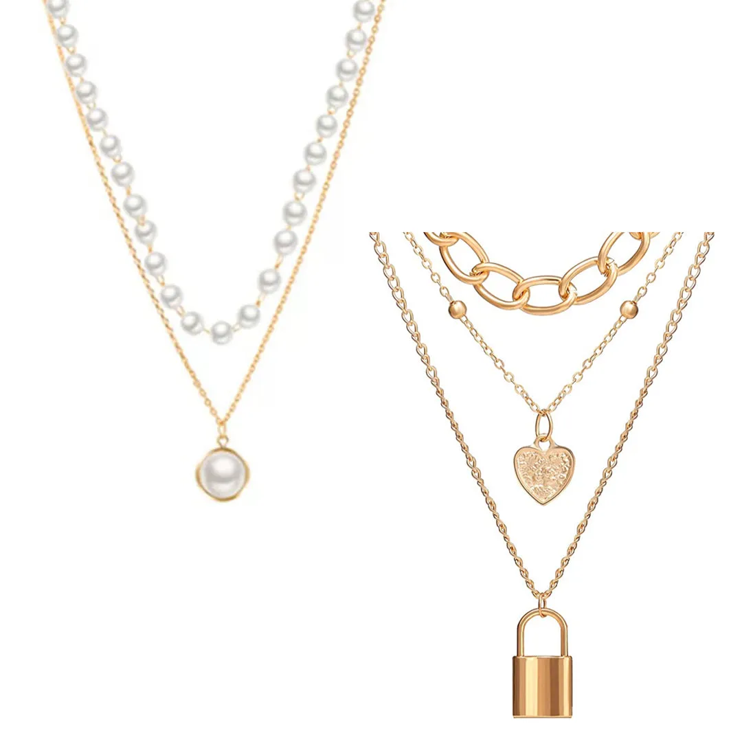 Pack Of 2 Layered Pearl Chain Link Heart Lock Pendant