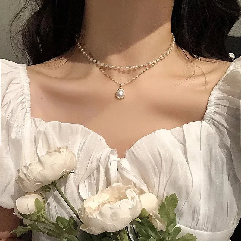 Pack Of 2 Layered Pearl Chain Link Heart Lock Pendant