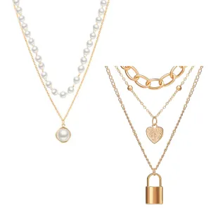 Pack Of 2 Layered Pearl Chain Link Heart Lock Pendant