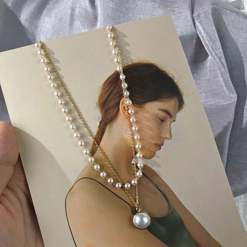 Pack Of 2 Layered Pearl Chain Link Heart Lock Pendant