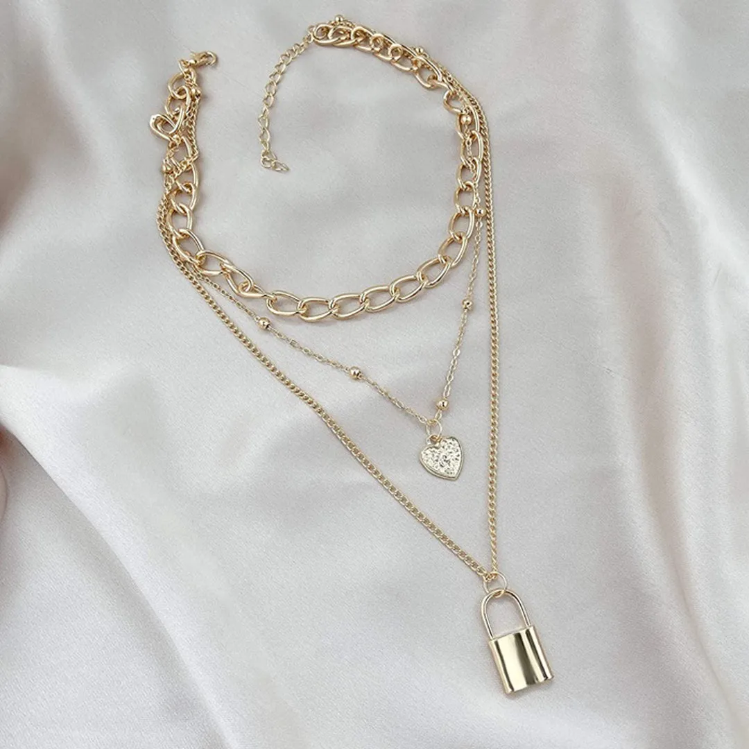 Pack Of 2 Layered Pearl Chain Link Heart Lock Pendant