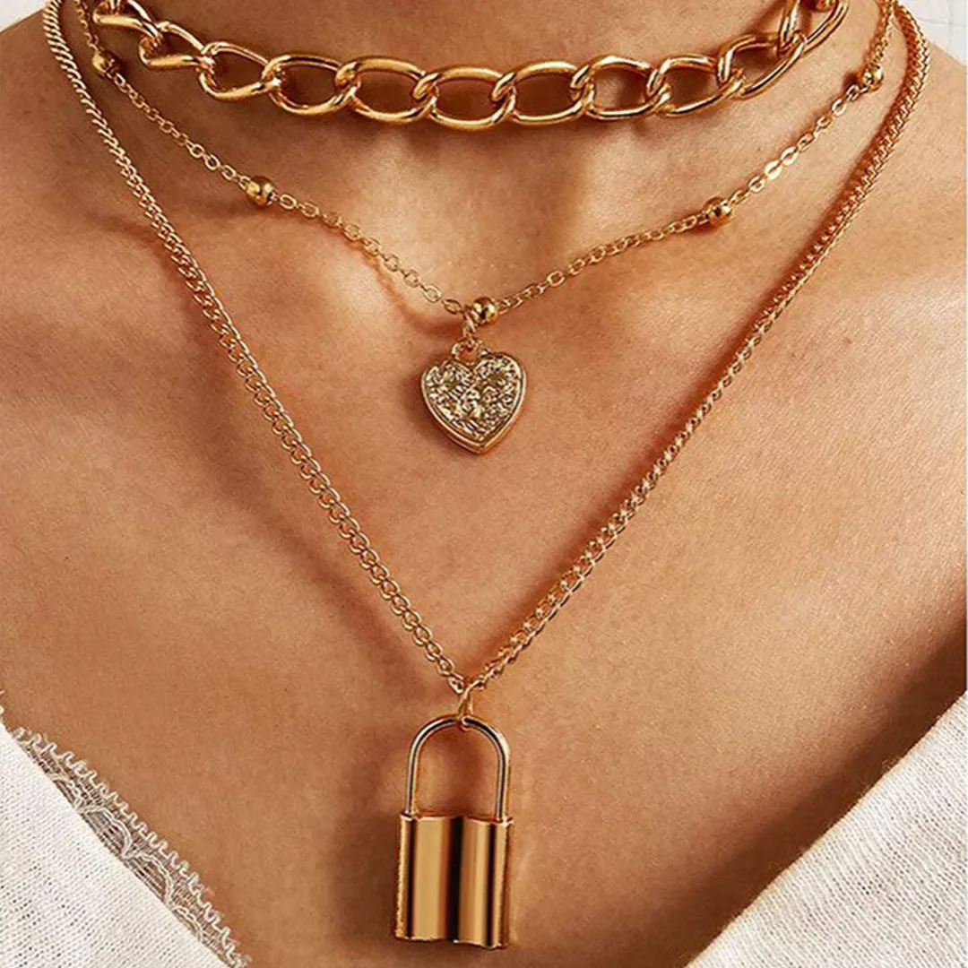 Pack Of 2 Layered Pearl Chain Link Heart Lock Pendant