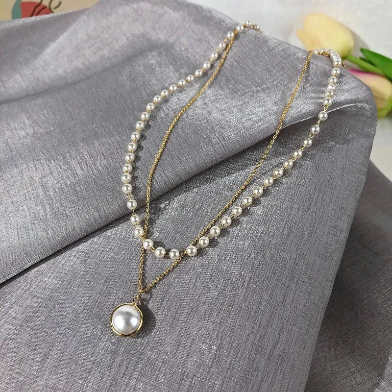 Pack Of 2 Layered Pearl Chain Link Heart Lock Pendant