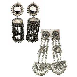 Pack of 2  Silver Elephant  Silver Big Mirror Jhumki