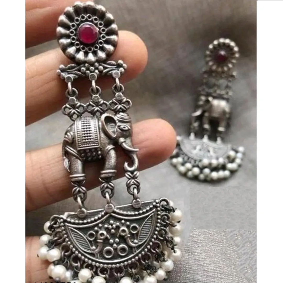 Pack of 2  Silver Elephant  Silver Big Mirror Jhumki
