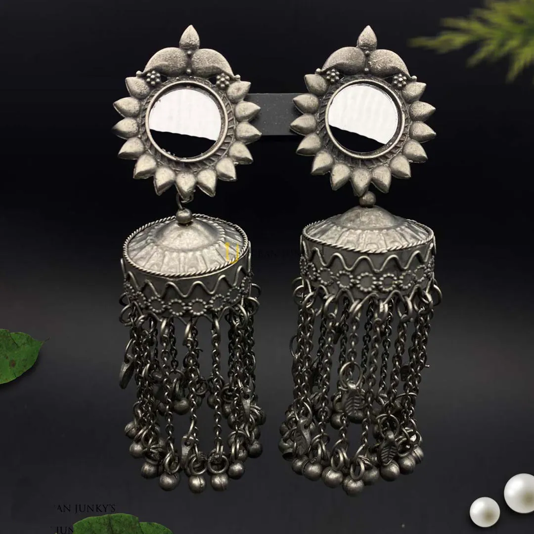Pack of 2  Silver Elephant  Silver Big Mirror Jhumki
