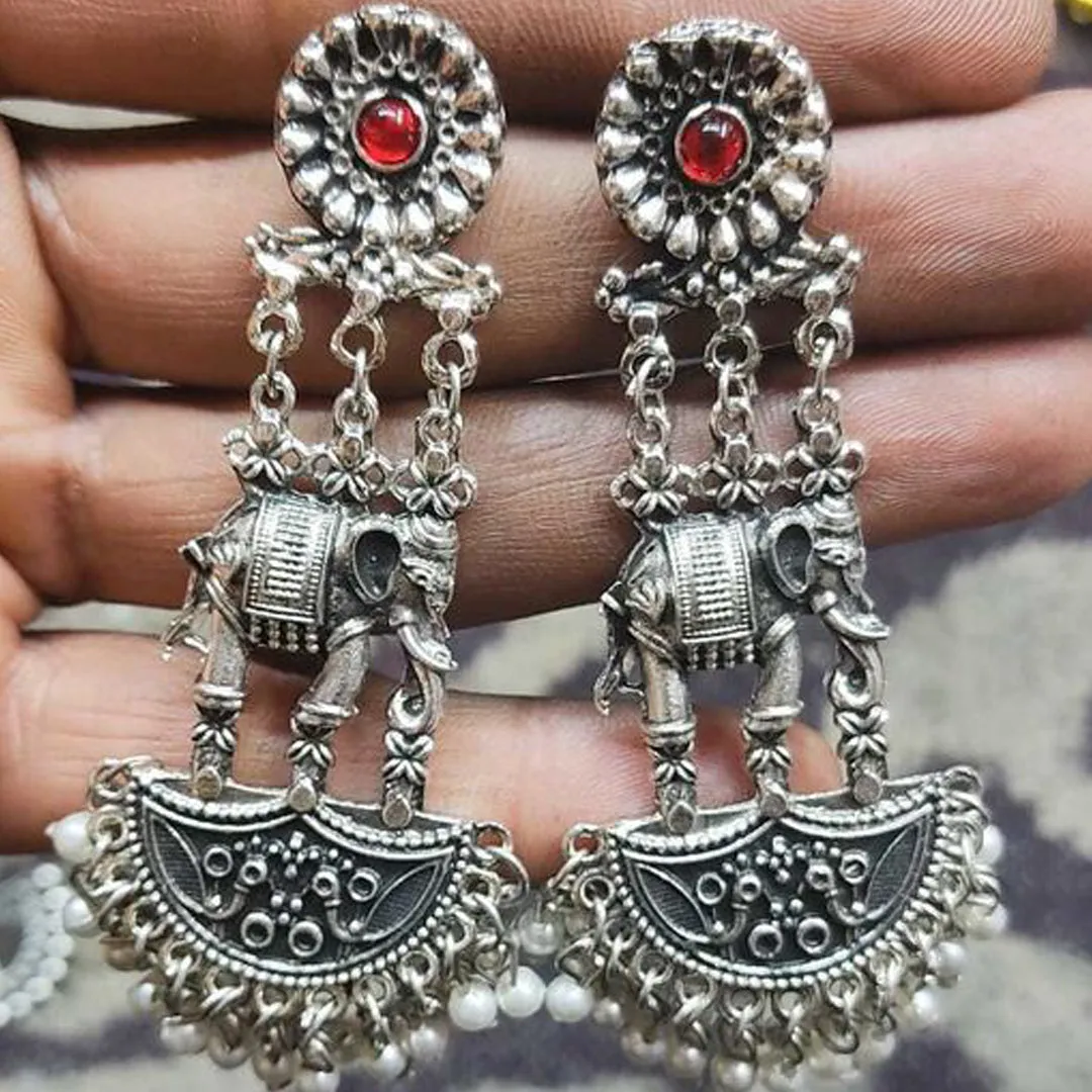 Pack of 2  Silver Elephant  Silver Big Mirror Jhumki