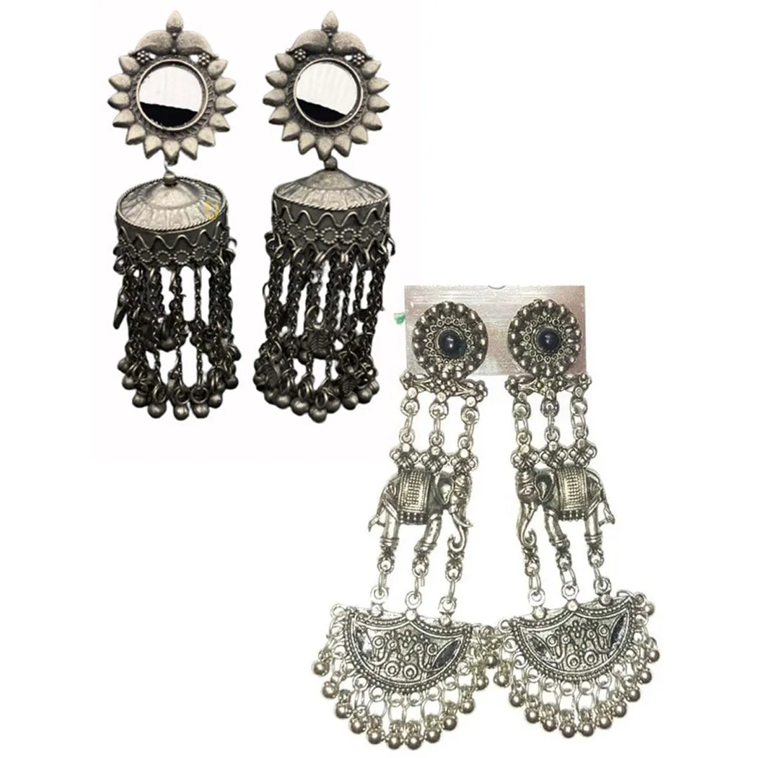 Pack of 2  Silver Elephant  Silver Big Mirror Jhumki