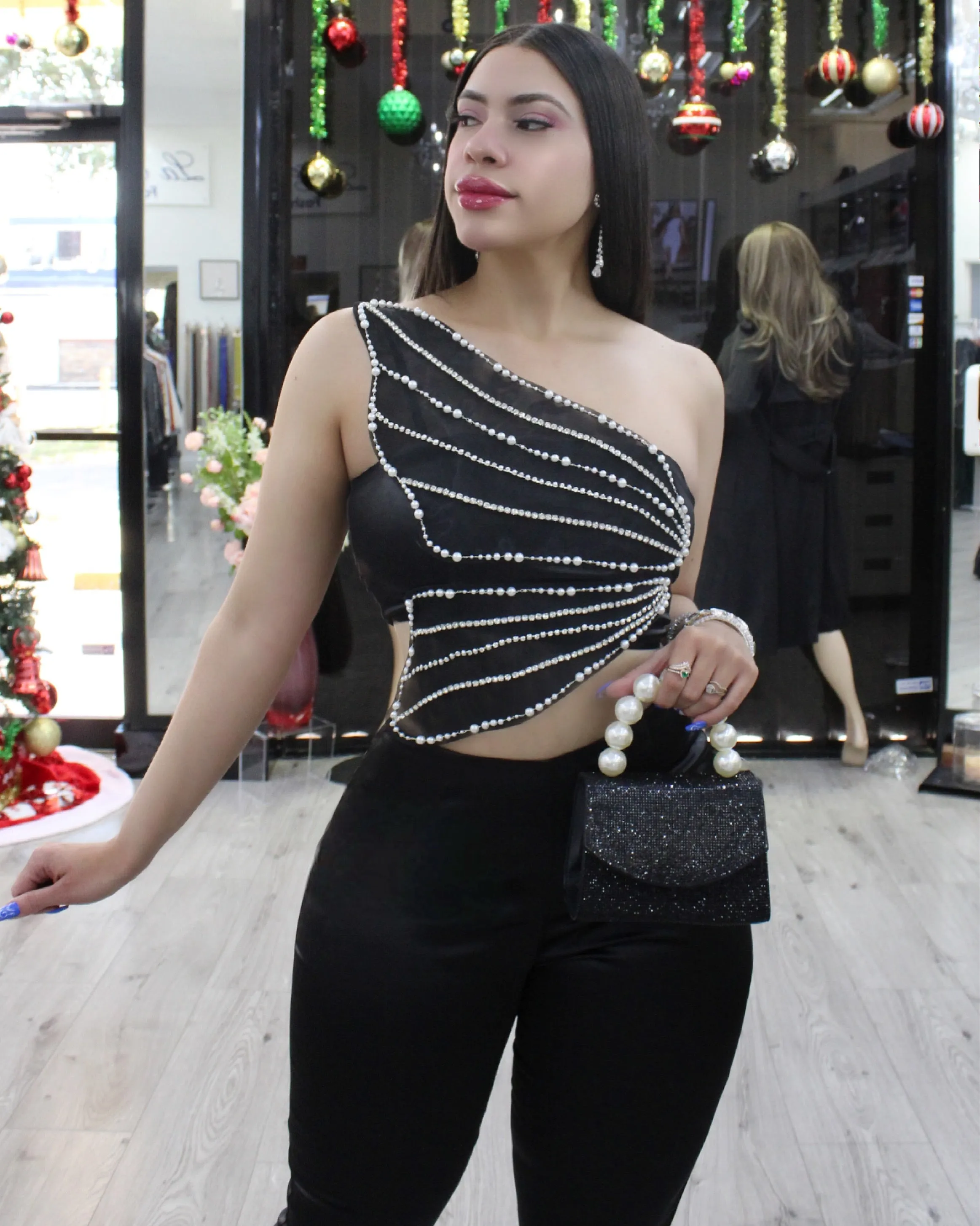 Passion For Fashion Satin Pearls Adorned Pant Set Black
